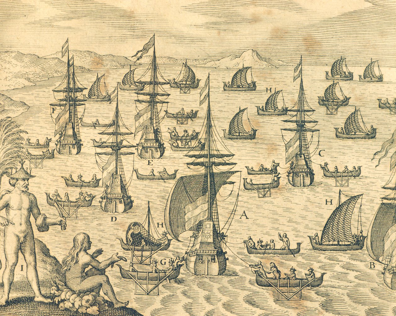 The Island of Thieves, engraving from American History by Theodore de Bry, North America 17th Century by Theodore de Bry