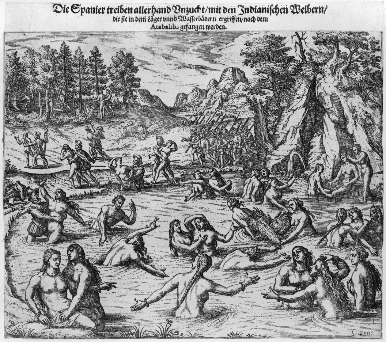 The Spanish abusing the Indian women after the capture of King Atahualpa (c.1502-33) in 1532 by Theodore de Bry