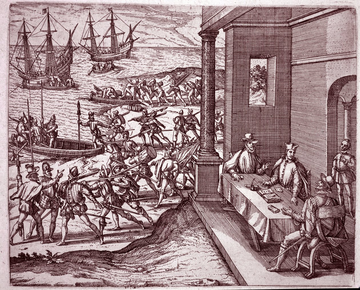 The Spanish conquistadores Francisco Pizarro, Diego de Almagro and Hernando de Luque joined forces to conquer Peru by Theodore de Bry