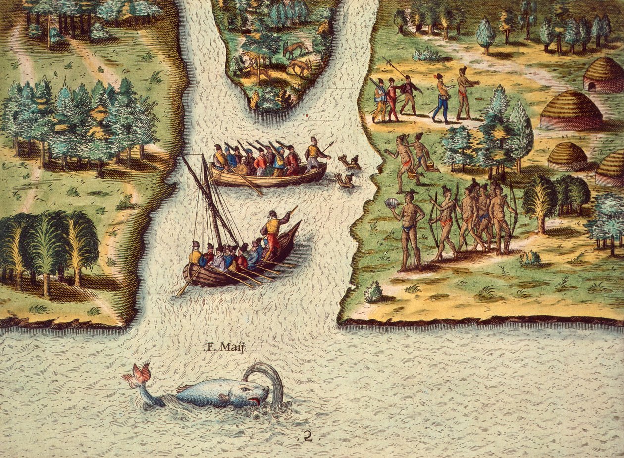 The Arrival of the French, Engraving by Theodore de Bry, from The Discourse of Florida by Theodore de Bry