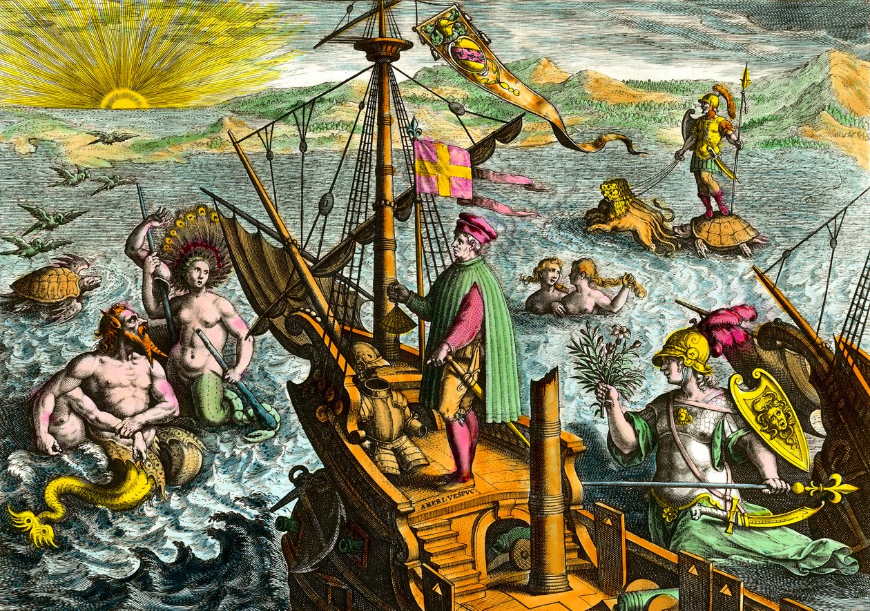 The boat of the Italian navigator Amerigo Vespucci by Theodore de Bry