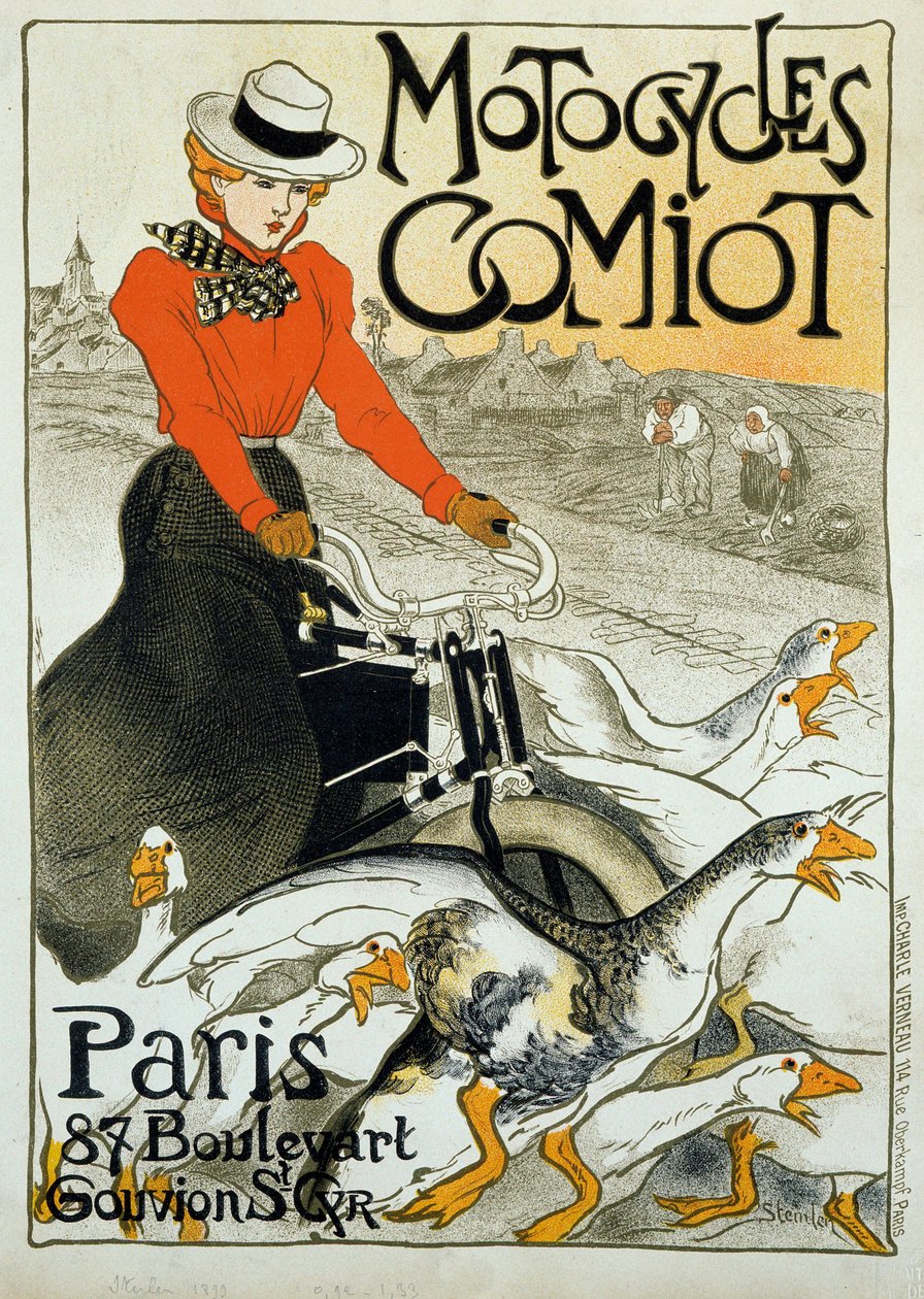Advertising poster for Comiot motorcycles. A young woman on a moped among a group of geese. Poster by Theophile Alexandre Steinlen (1859-1923). 1899. Paris, Decorative Arts by Théophile Alexandre Steinlen