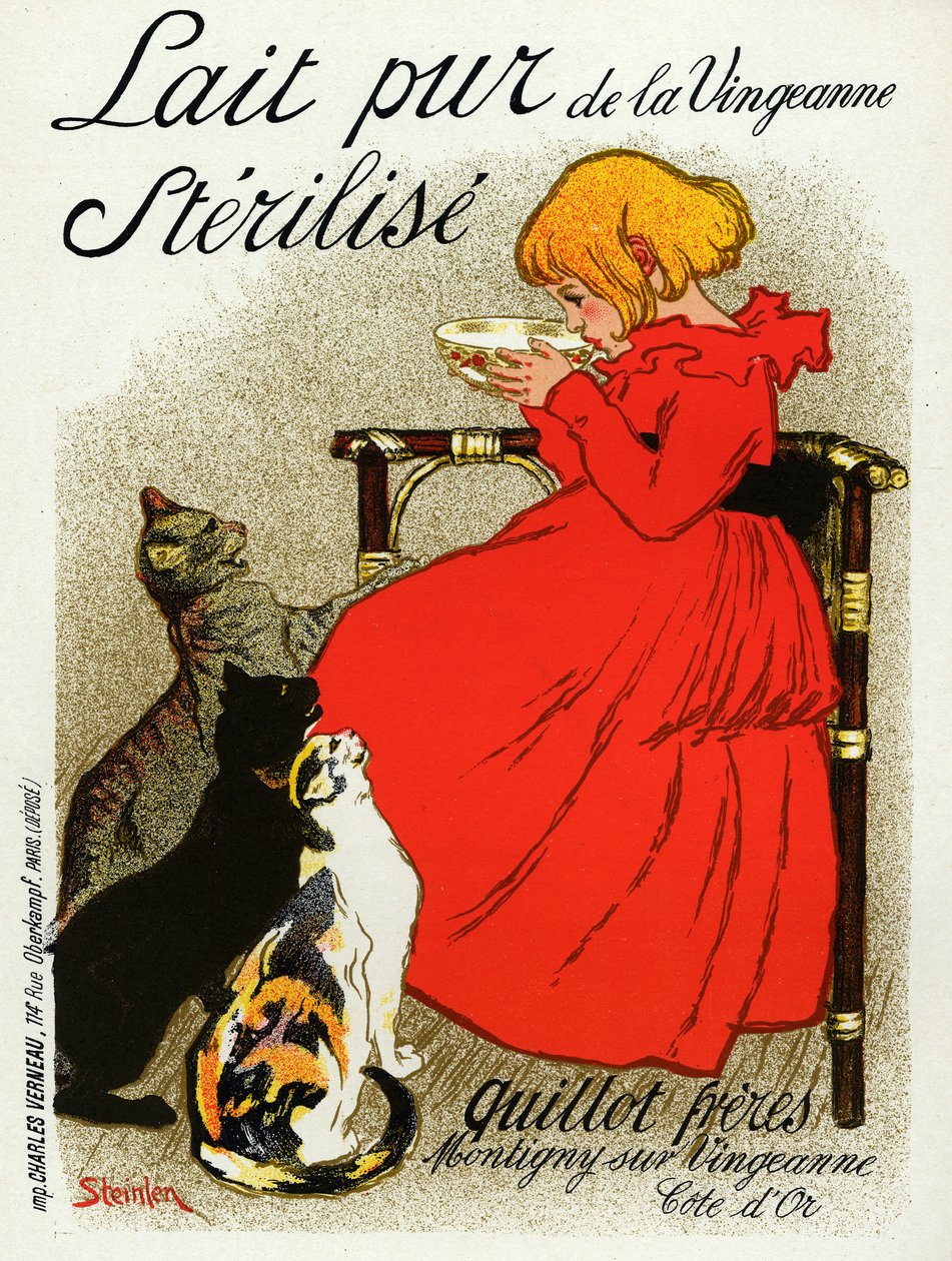 Food and Beverage. Vingeanne Milk. Little Girl with Cats. Poster by Steinlen, France, c.1890 by Théophile Alexandre Steinlen