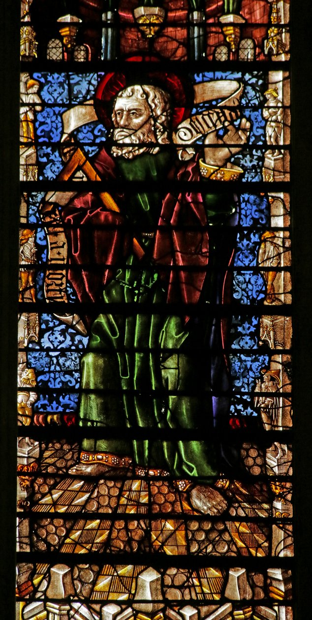 Window depicting the Apostle St Thomas with Creed scroll by Thiebaut de Lixheim