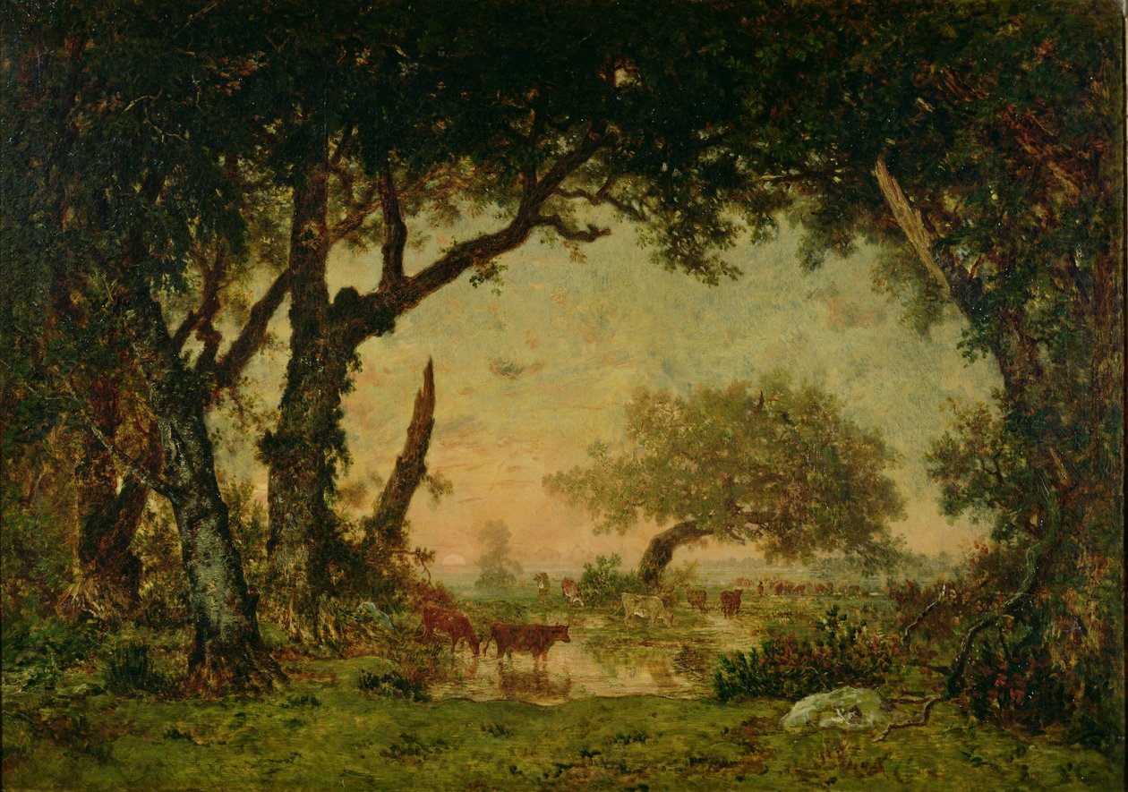 The Edge of the Forest at Fontainebleau, Setting Sun by Pierre Etienne Theodore Rousseau