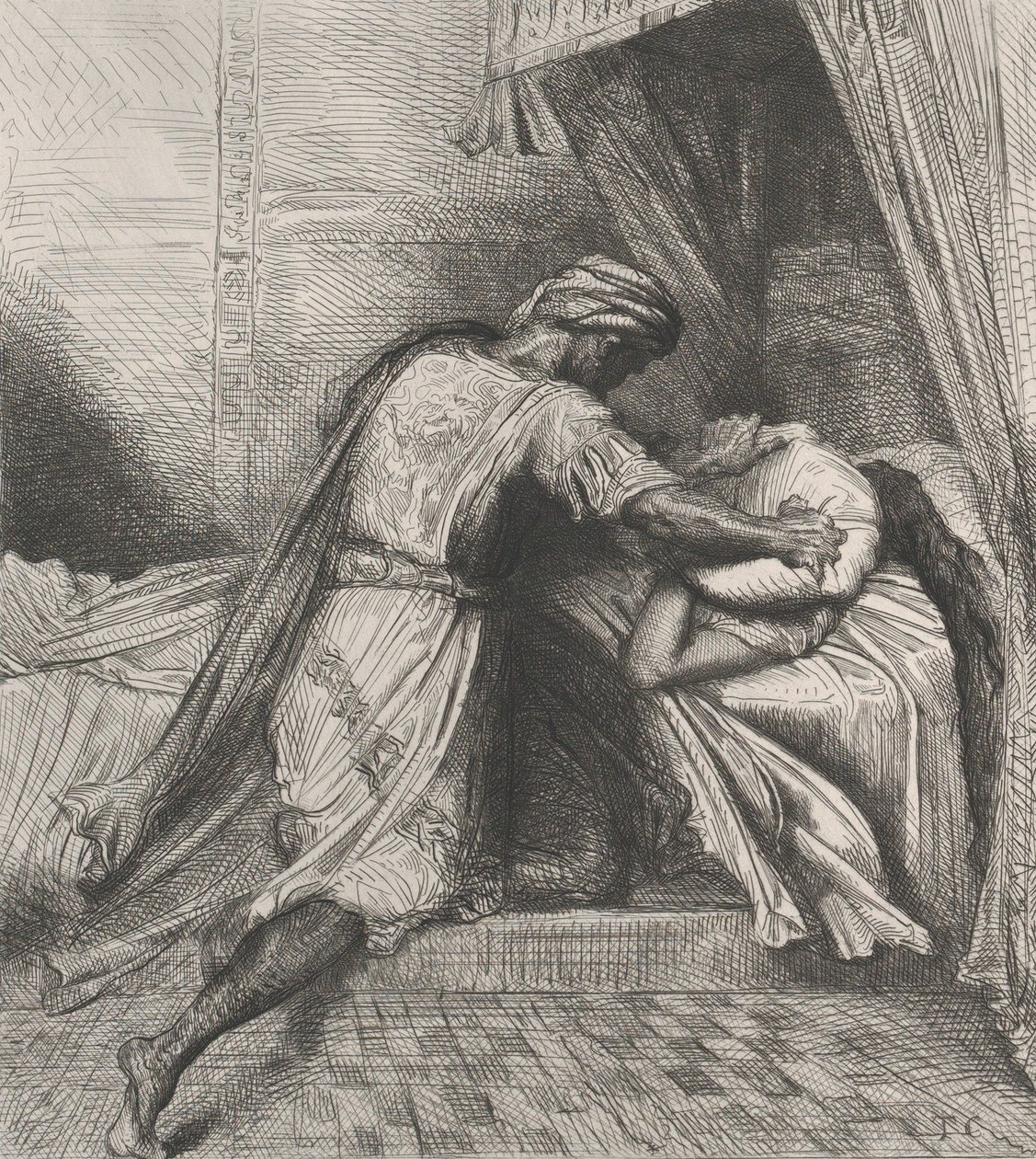 He smothers her: plate 13 from Othello Act 5, Scene 2, etched 1844, reprinted 1900 by Théodore Chassériau