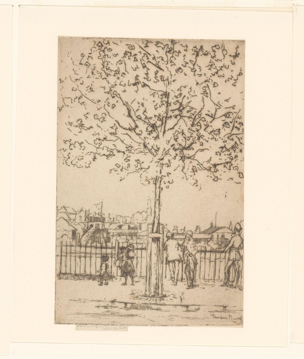 Six figures by a fence along a river, with a tree in the foreground by Théodore Roussel (signed by artist)