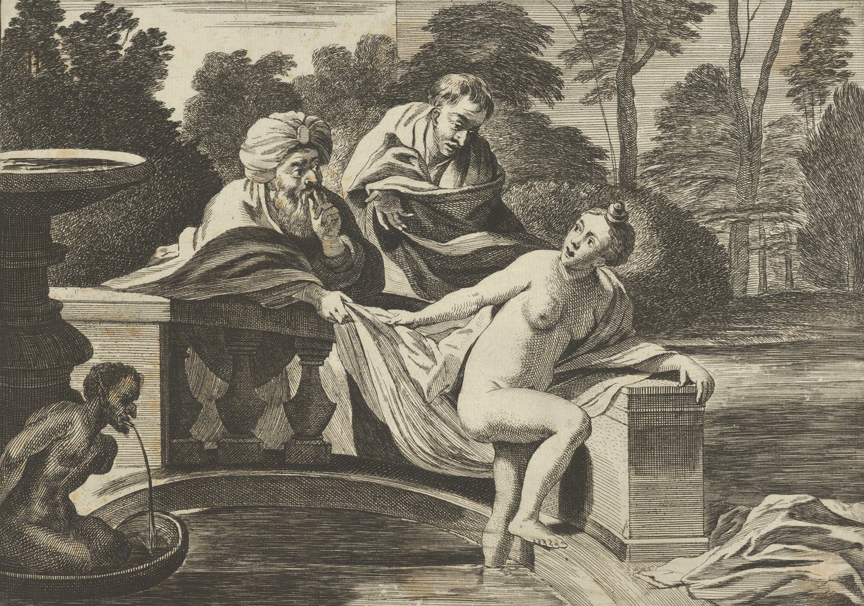 Susanna, Partly Naked and Stepping Out of a Fountain with Two Elders at Left by Théodorus van Kessel