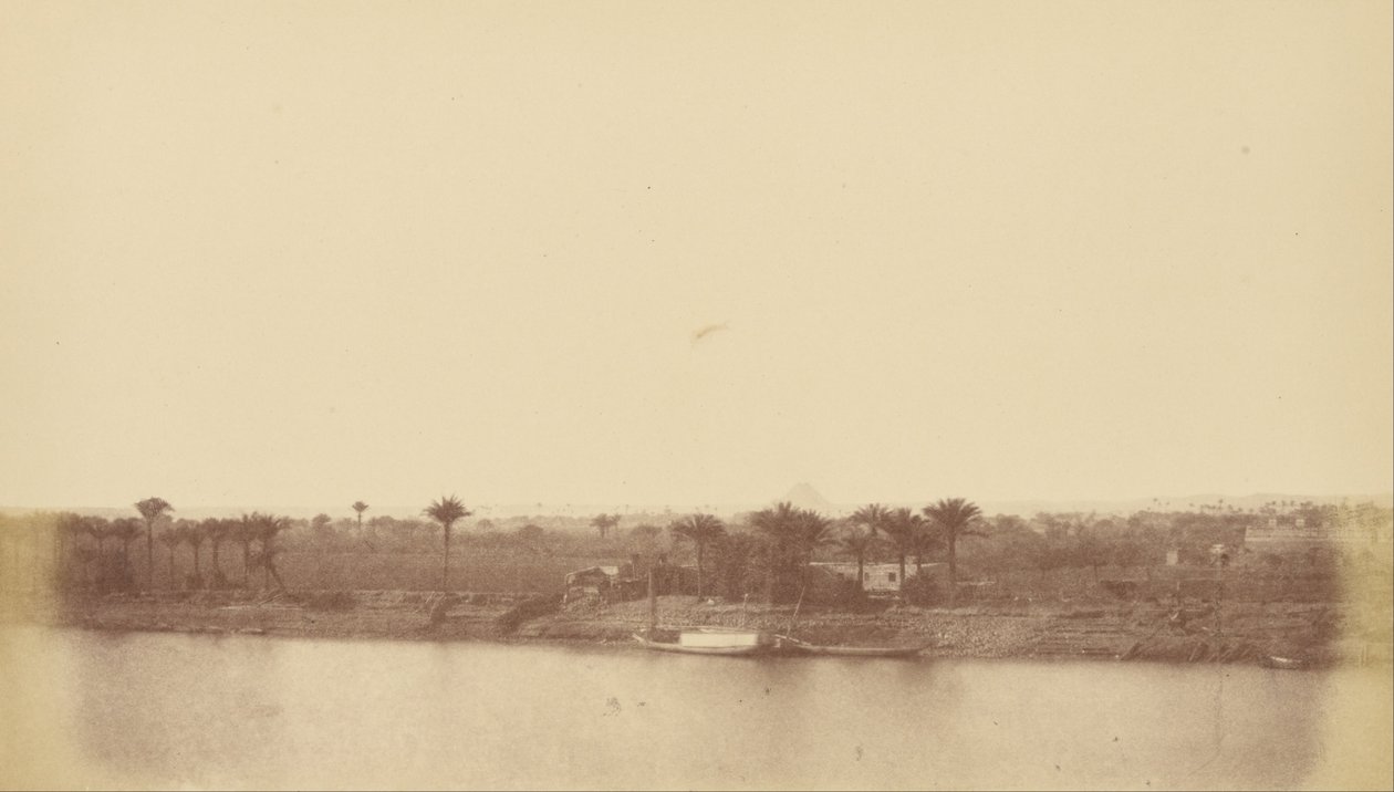 (Banks of the Nile with Palm Trees and Boat) by Théodule Devéria