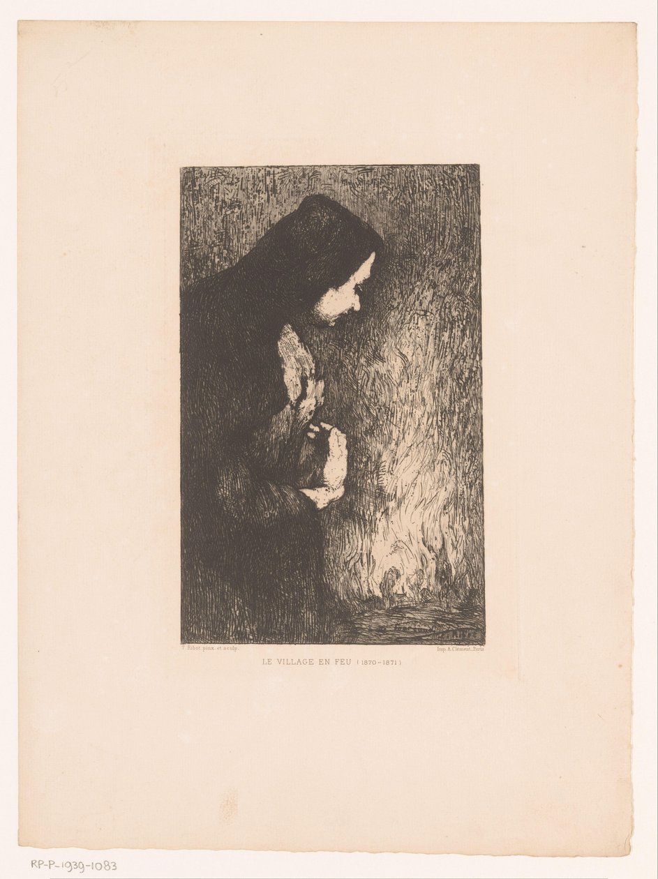 Standing Woman Looking at Burning Village in the Background by Théodule Augustin Ribot