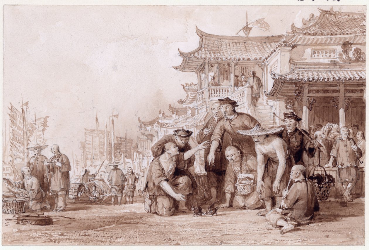 Canton Bargemen Fighting Quails, 1843 by Thomas Allom