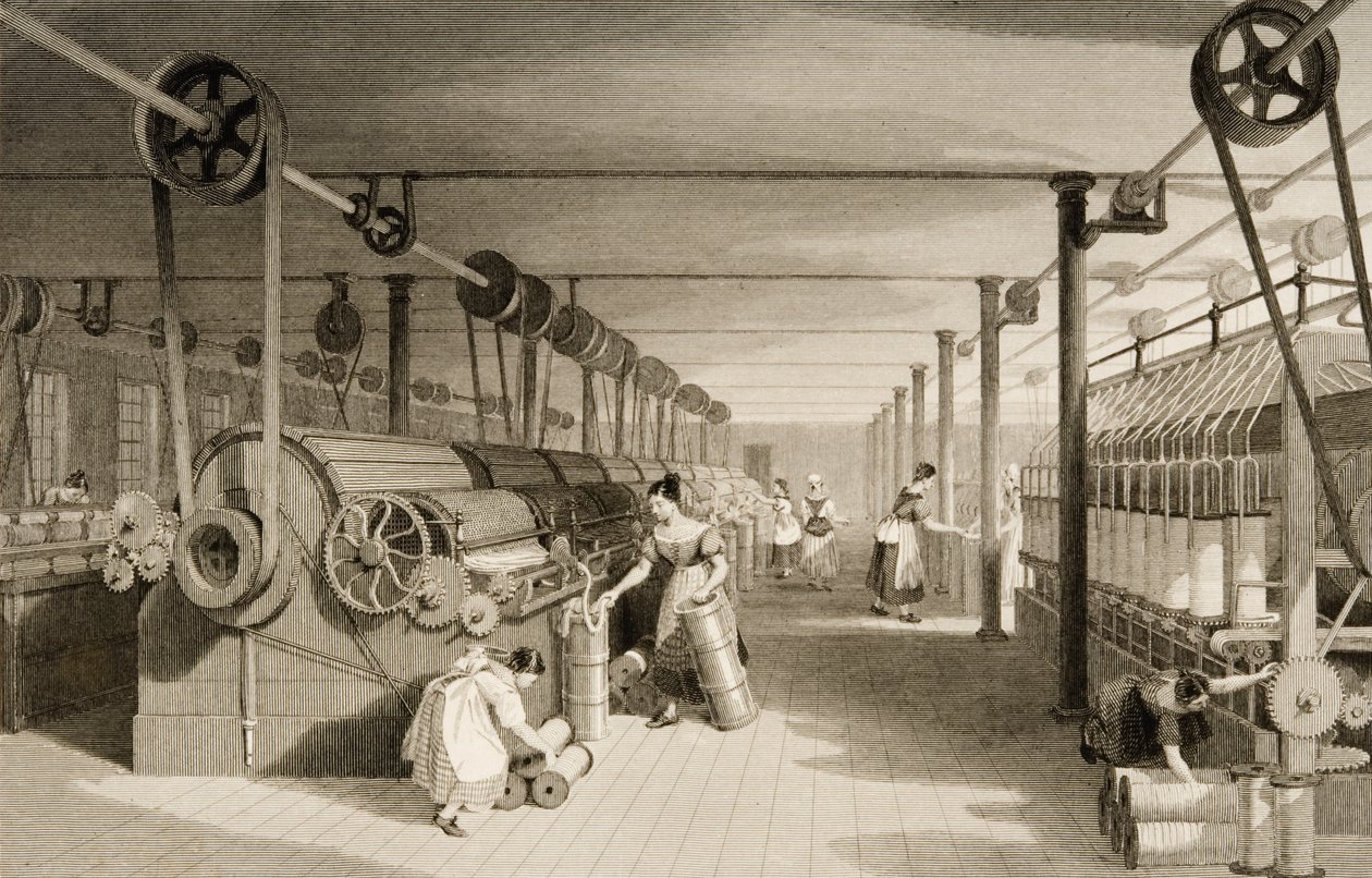Carding, Drawing and Roving, Cotton Factory Floor, Engraved by James Tingle by Thomas Allom