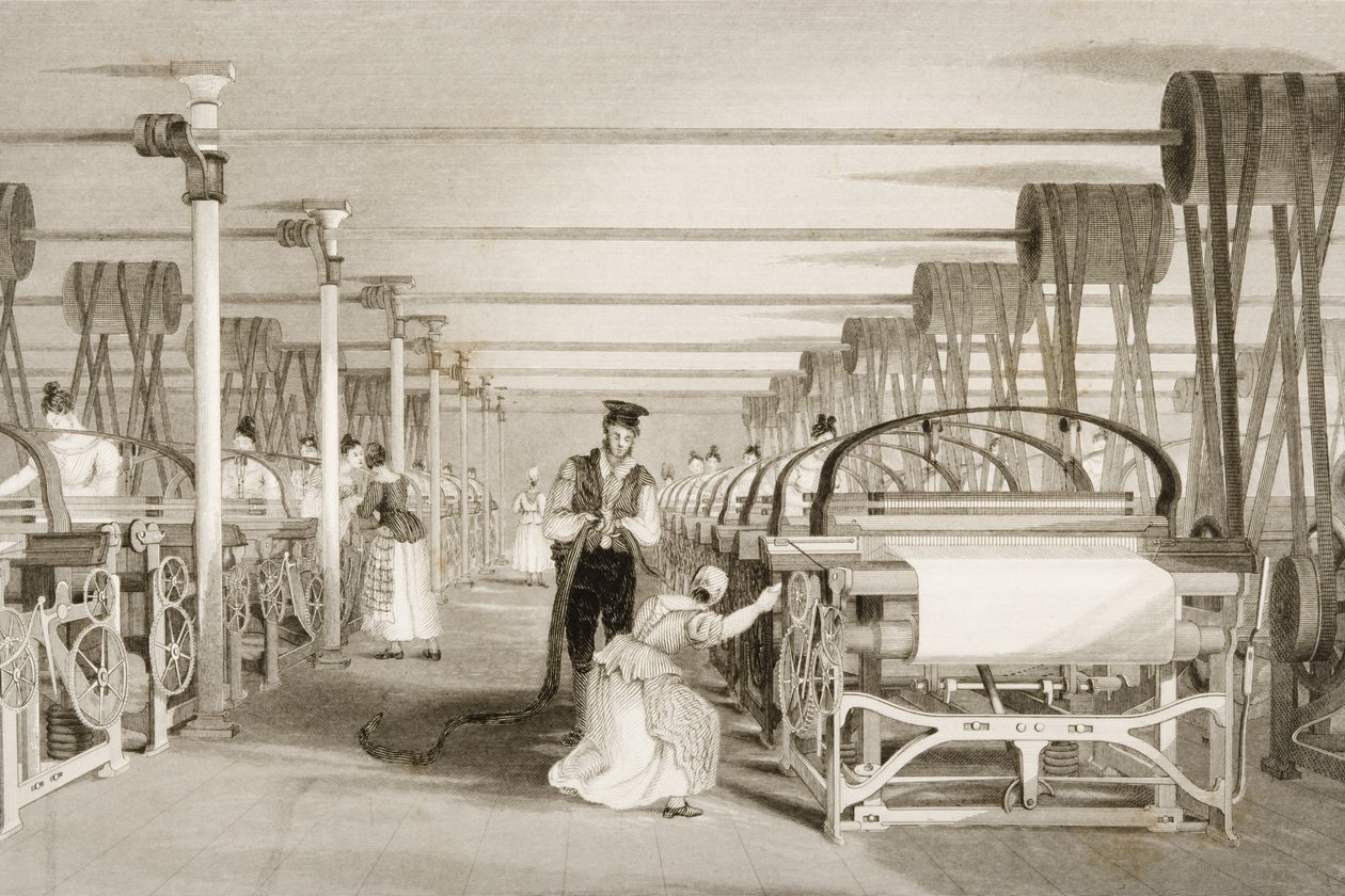 Weaving on Power Looms, Cotton Factory Floor, engraved by James Tingle c.1830 by Thomas Allom