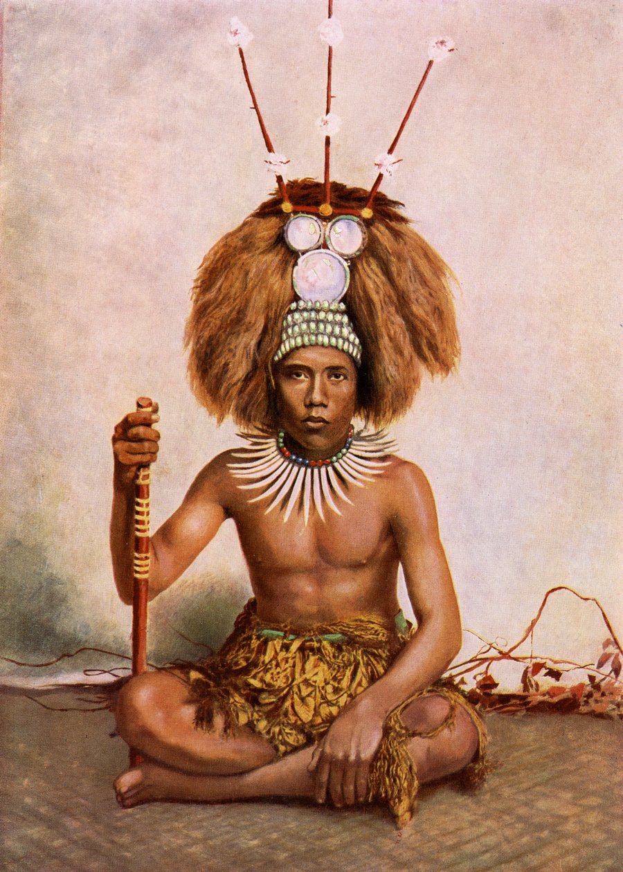 A Manaia, the son of a Samoan chief (Matai) wearing a tuiga head dress, 1890-1910 by Thomas Andrew