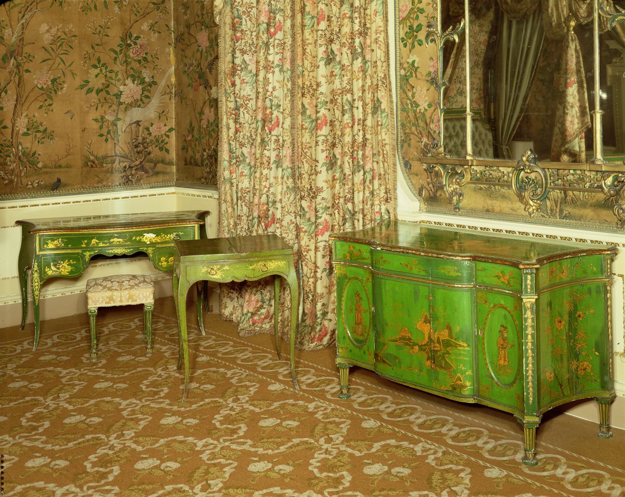 Green and gold lacquer furniture in the state bedchamber at Nostell Priory, Yorkshire by Thomas Chippendale