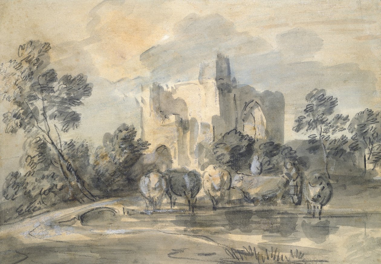 Landscape with a ruined Castle, and Cattle by a Pool by Thomas Gainsborough