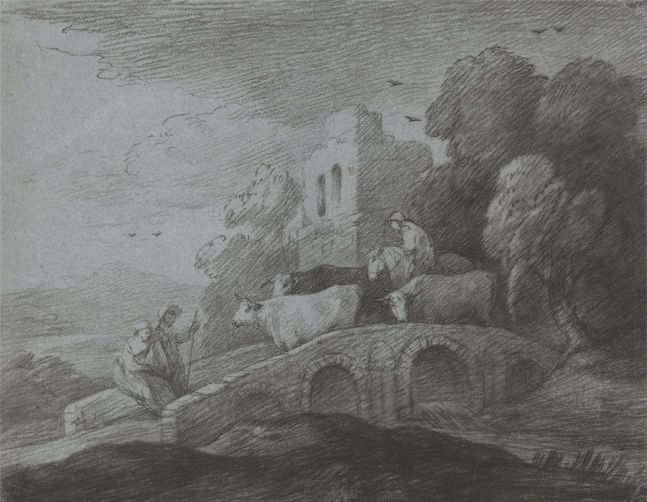 Wooded Landscape with Herdsman Driving Cattle over a Bridge, Rustic Lovers and Ruined Castle by Thomas Gainsborough