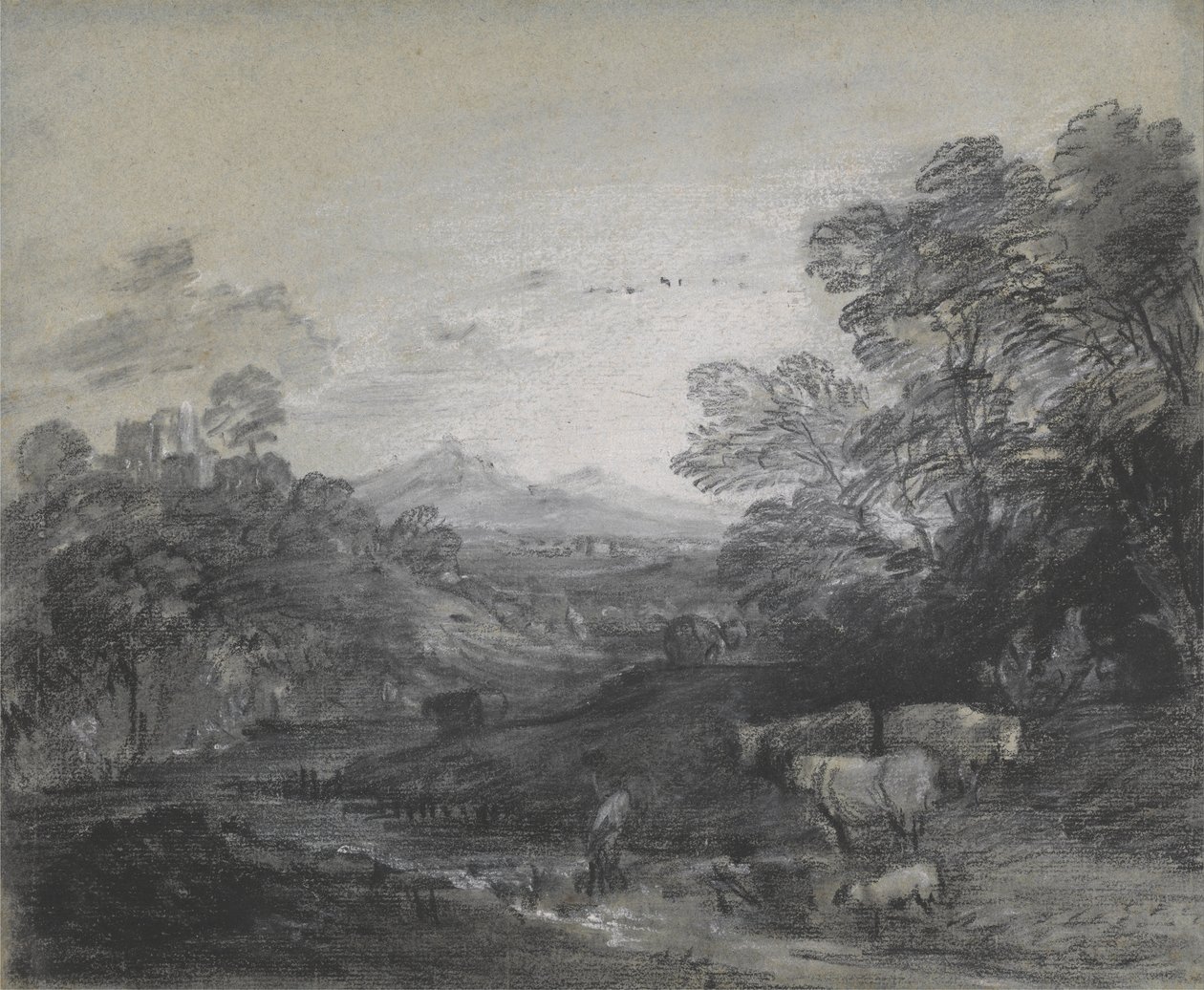Wooded Landscape with Herdsmen and Cattle, Buildings on a Hill, and Rustic Lovers by Thomas Gainsborough