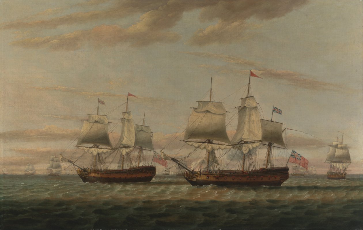 An Indiaman and a Two Decker Hove to, Said to be Thomas Dumar, Esq. in H.M. Ship Portland Delivering... by Thomas Luny