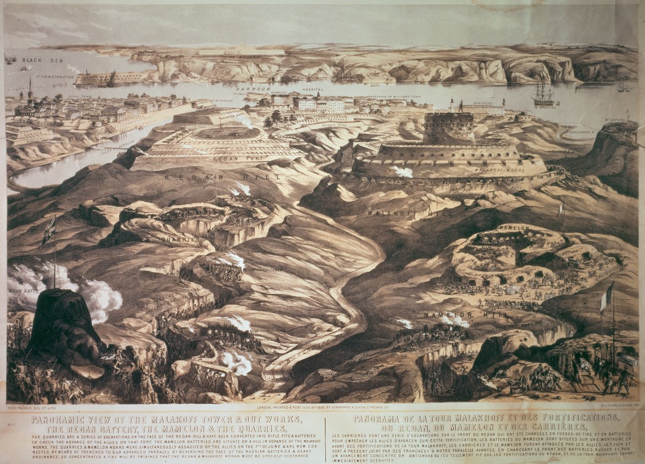 Panoramic View of the Malakoff Tower and Out Works, the Redan Battery, the Mamelon and the Quarries, Pub. 1855 by Stannard and Dixon by Thomas Packer