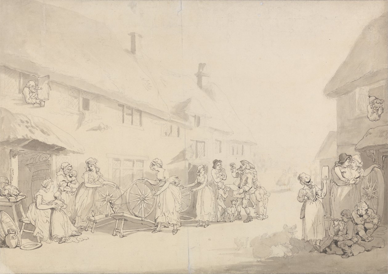 A Village Scene with Girls Spinning by Thomas Rowlandson
