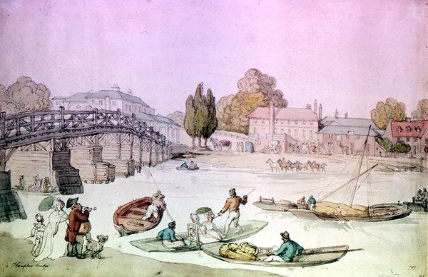 Hampton Bridge with Punts and Barges by Thomas Rowlandson