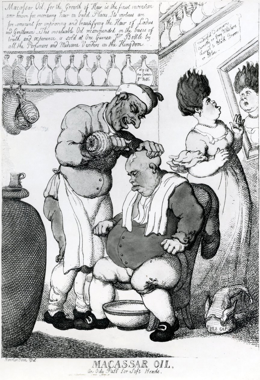 Massacar Oil, an oily puff for soft heads, 1814 by Thomas Rowlandson