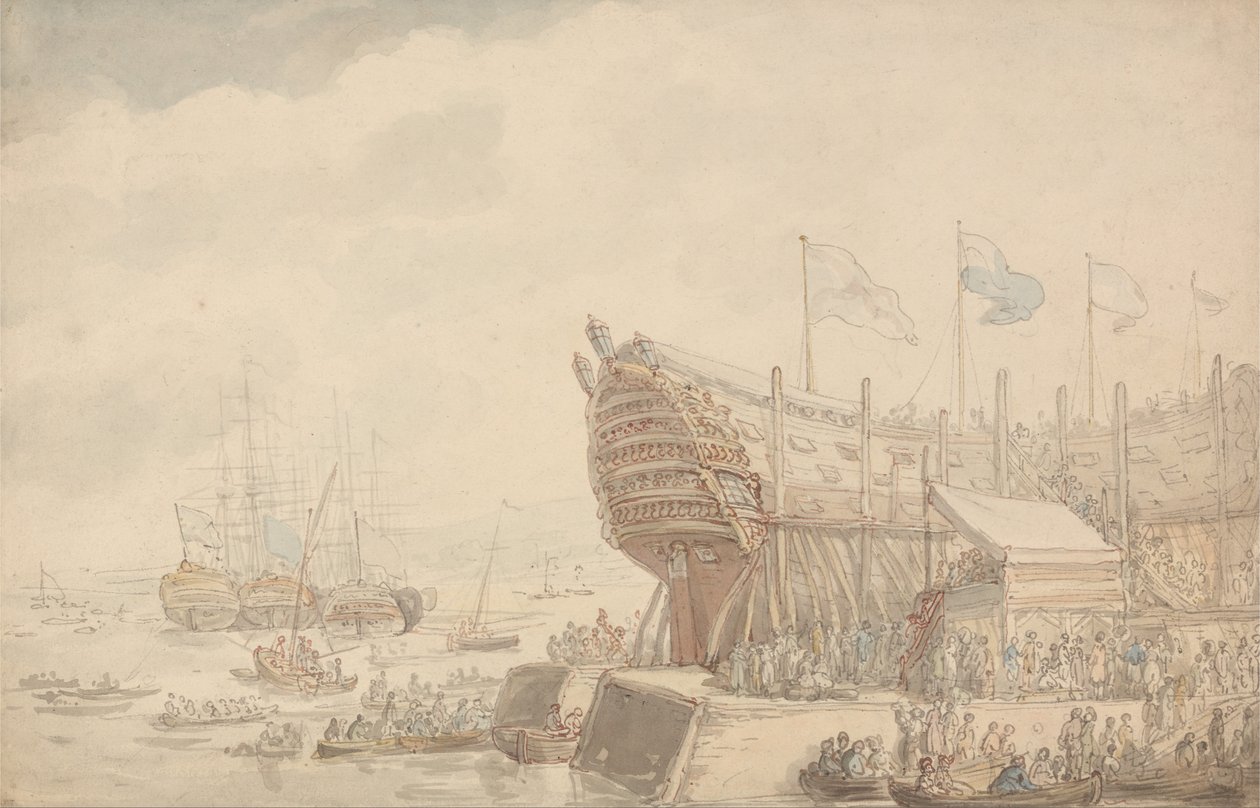 The Launching of H.M.S. Hibernia 1804 by Thomas Rowlandson