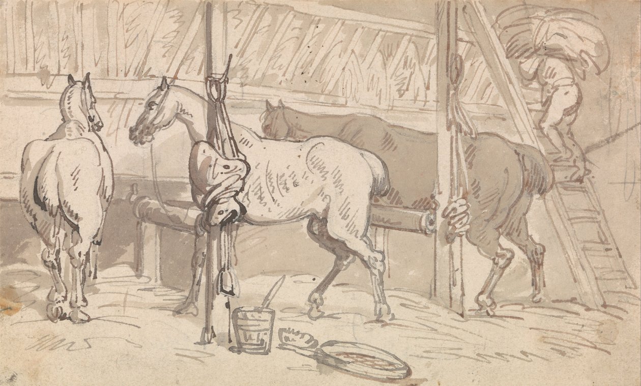 Three Horses in Stalls by Thomas Rowlandson