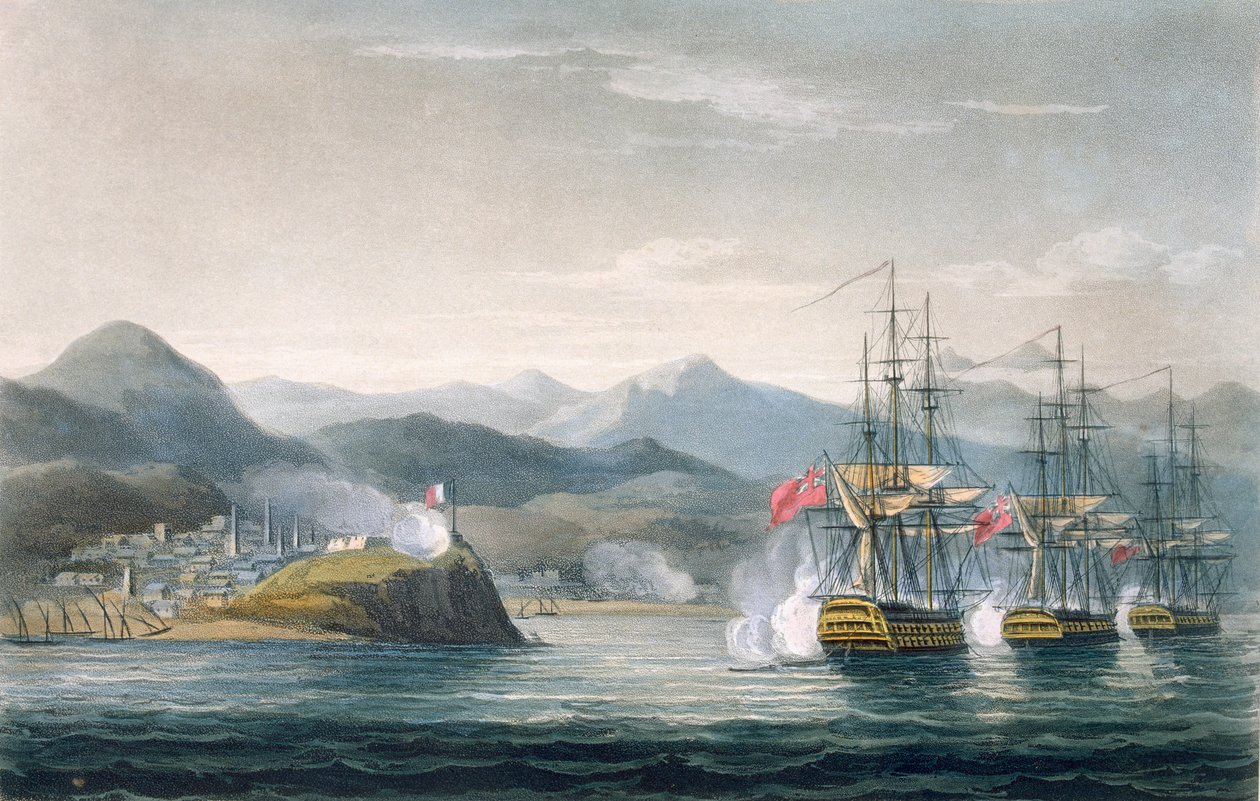 The Squadron under the Command of Sir J. Brisbane attacking Fort Maurigio, on 12th April, 1814 by Thomas Whitcombe