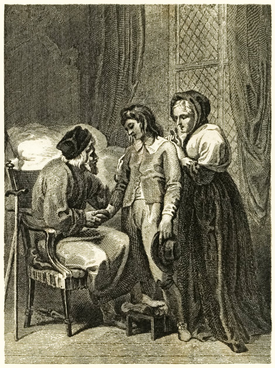Robinson Crusoe frontispiece illustration showing Crusoe taking leave ...