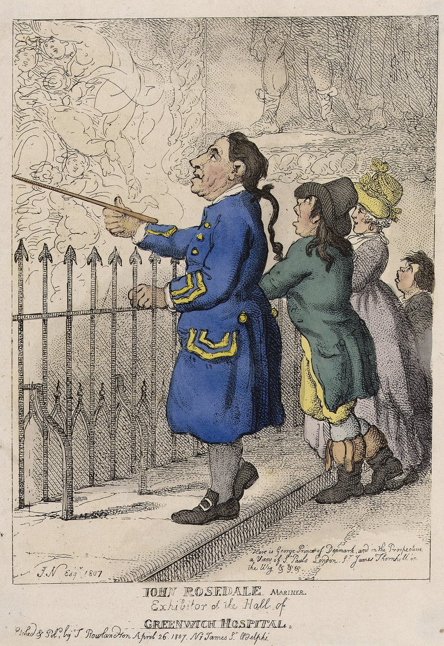 John Rosedale, sailor, visitor guide to Greenwich Hospital lobby by Thomas (after) Rowlandson