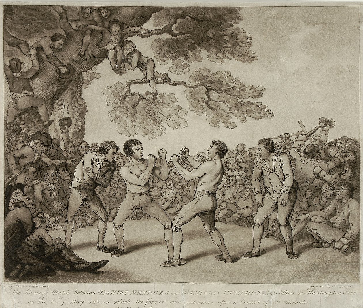 The Boxing Match between Daniel Mendoza and Richard Humphreys at Stilton, Huntingdonshire, 6th May 1789, Engraved by Joseph Grozer by Thomas (after) Rowlandson