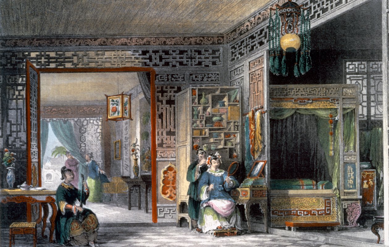 Boudoir and bedchamber of a lady of rank, China, 1843 by Thomas Allom
