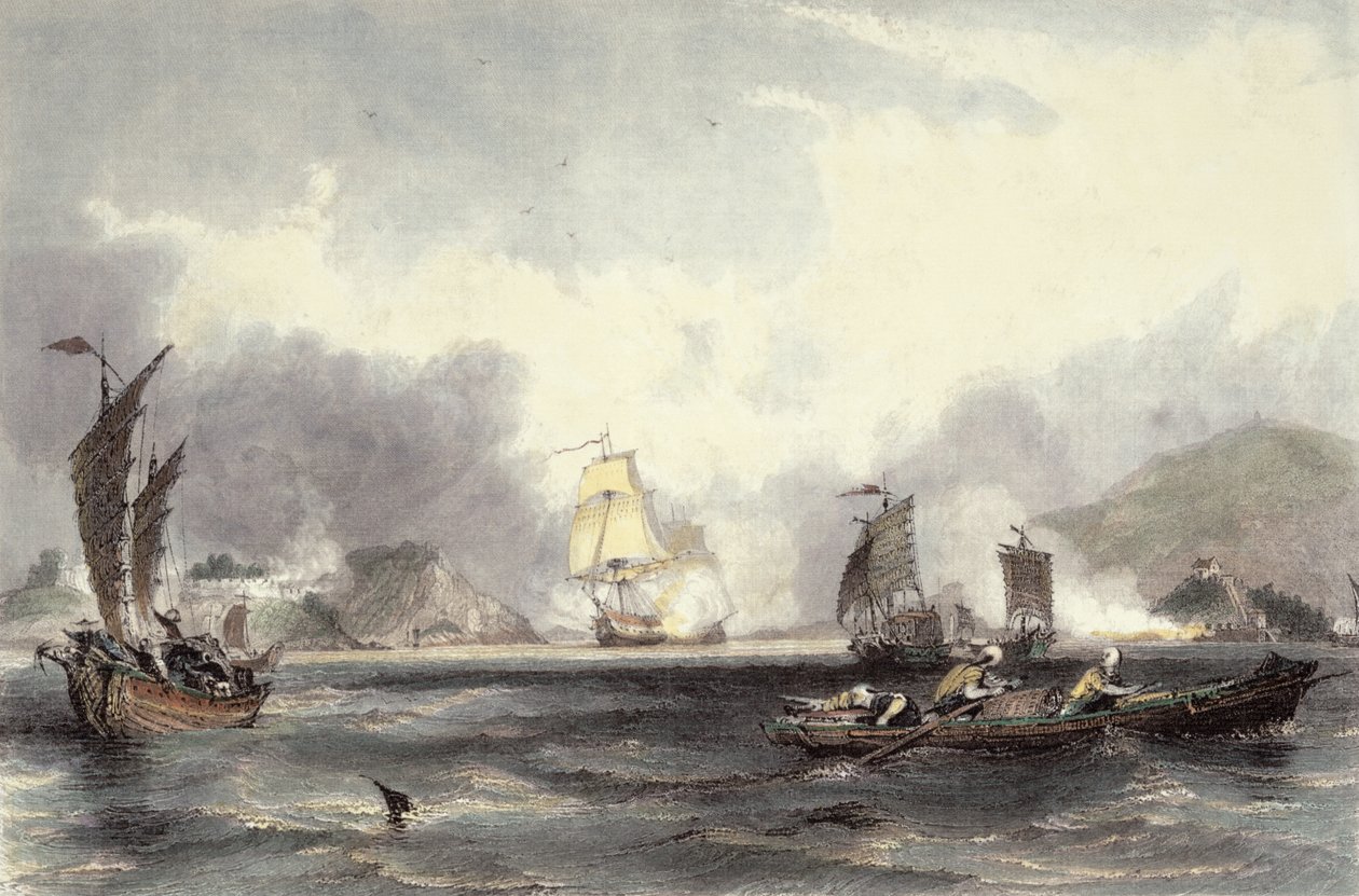 HM Ships Imogene and Andromache passing the Batteries of the Bocca-Tigris by Thomas Allom