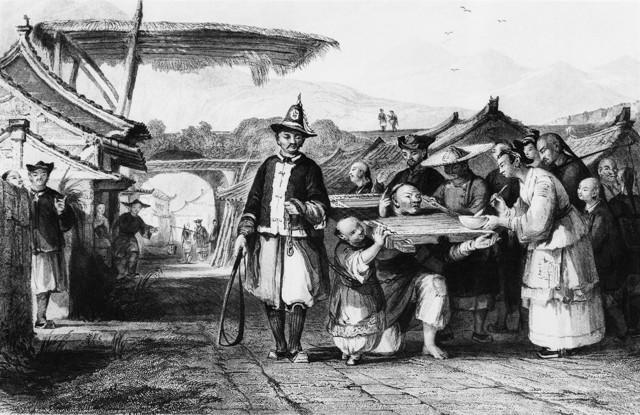 Punishment using tcha or cangue, engraving by Thomas Allom from Chinese Empire by Thomas Allom