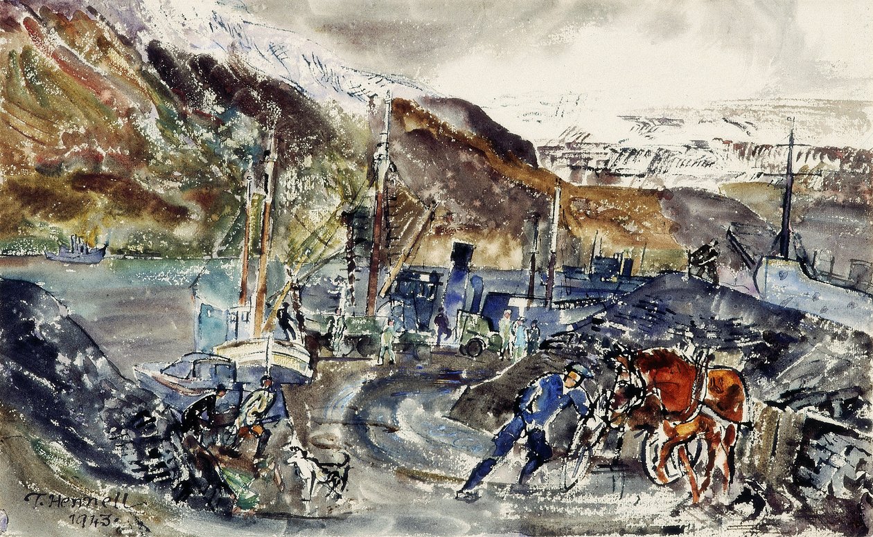 Local Coal Cart and Trawlers, Seydisfjordur, Iceland by Thomas Barclay Hennell