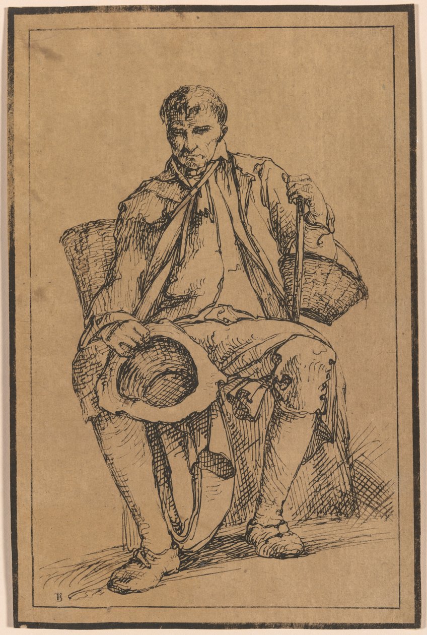 Forty Lithographic Impressions from Drawings of Landscape Scenery by Thomas Barker, Selected from His Studies of Rustic Figures after Nature: Seated Man with Baskets Holding Hat and Walking Stick by Thomas Barker