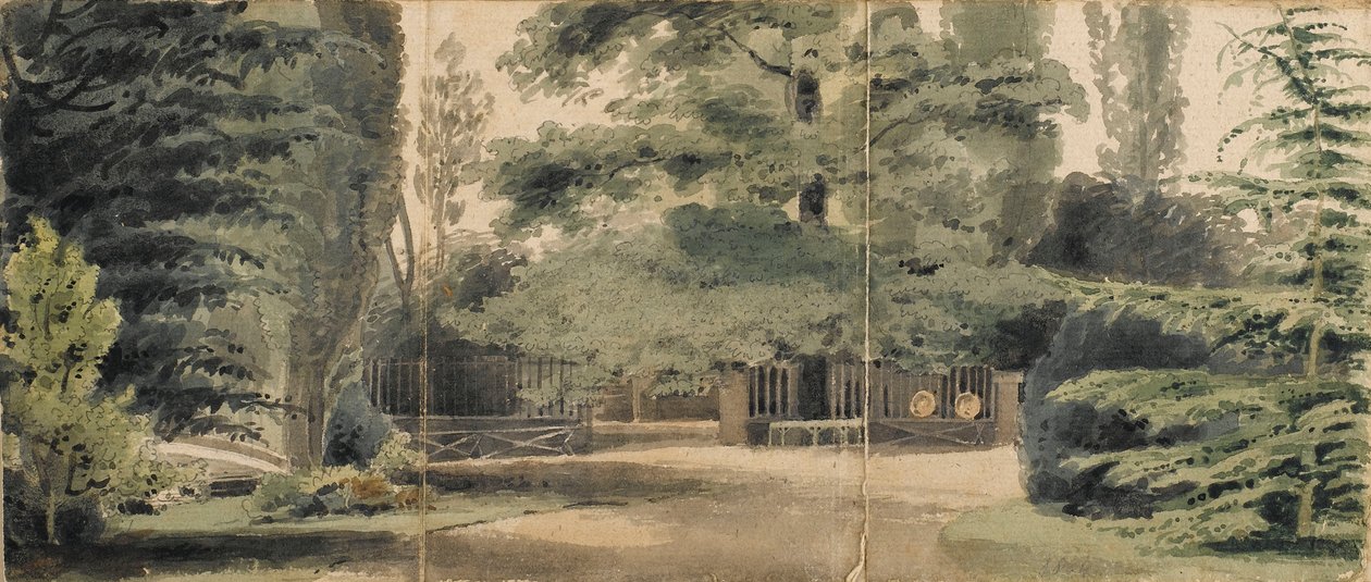 Paths and a fence beneath trees in the grounds at Merton by Thomas Baxter