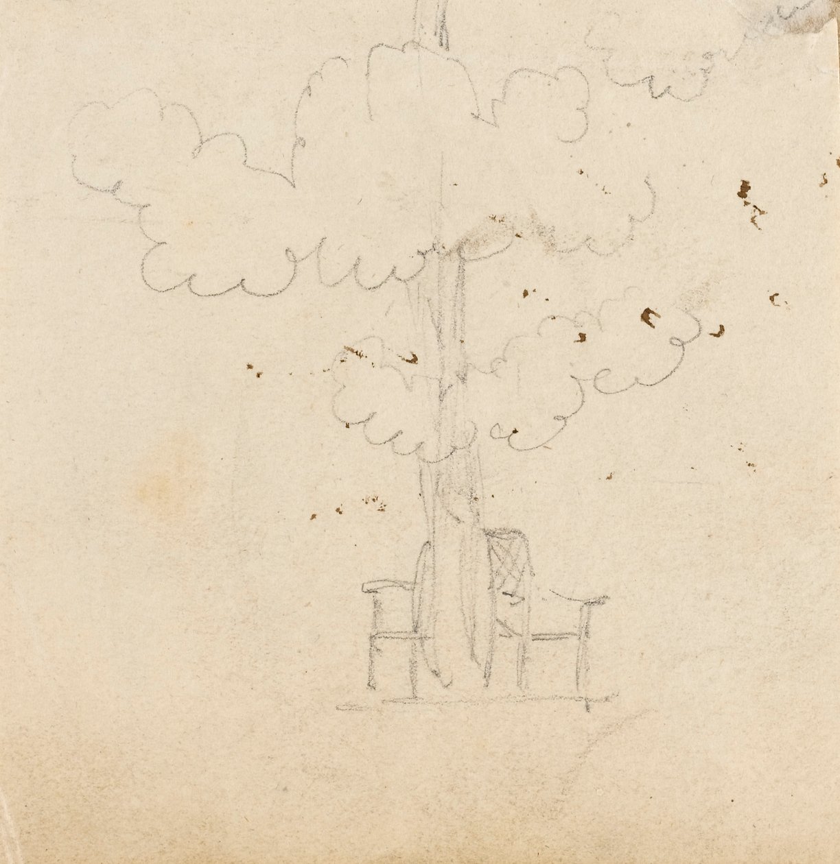 Study of a tree with two chairs either side of its trunk by Thomas Baxter