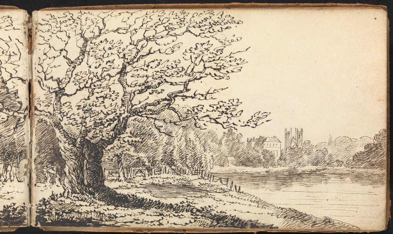 Album of Landscape and Figure Studies: Trees Alongside a River with Buildings in the Distance by Thomas Bradshaw