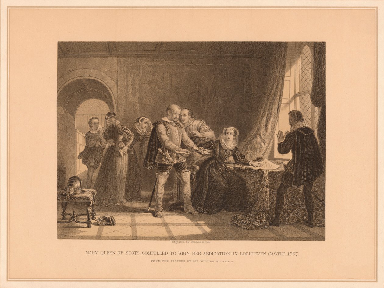 Mary Queen of Scots Compelled to Sign Her Abdication in Lochleven Castle, 1567 by Thomas Brown