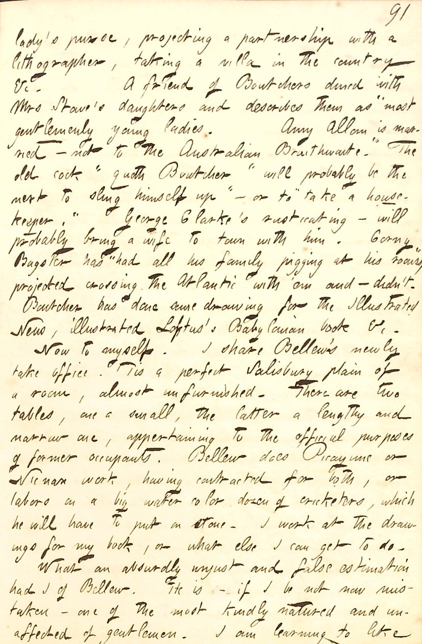 Describes the office he shares with Frank Bellew, and a letter from William Boutcher. Transcription by Thomas Butler Gunn