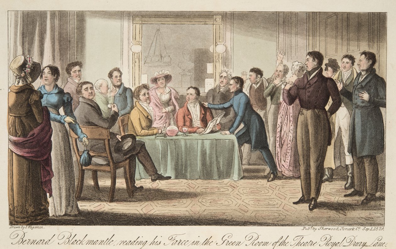 Bernard Blackmantle Reading His Farce in the Green Room of Covent Garden Theatre, from The English Spy by Thomas Charles Wageman