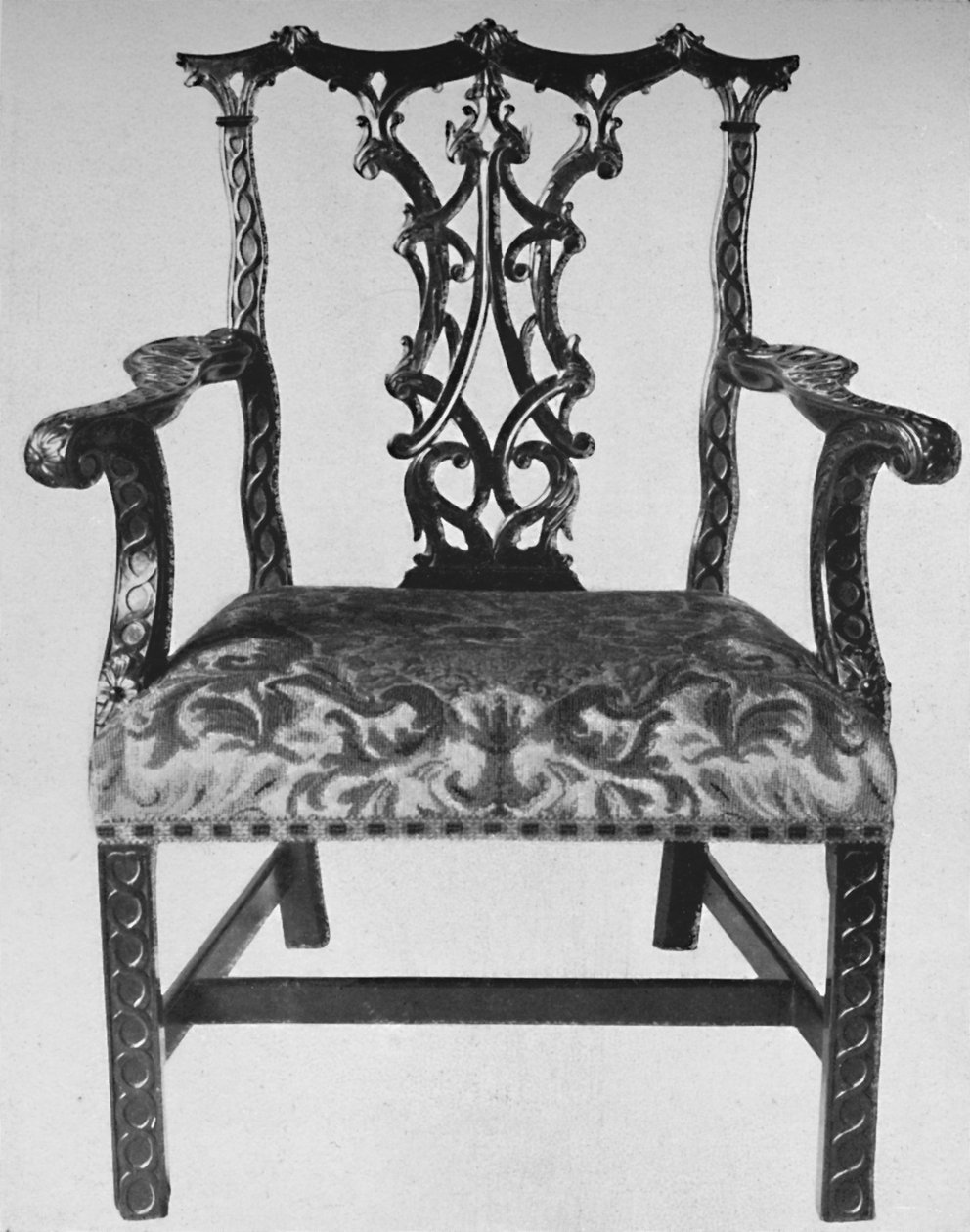 Chinese Chippendale Elbow-Chair with Seat in Contemporary Needlework, mid 18th century, 1928 by Thomas Chippendale