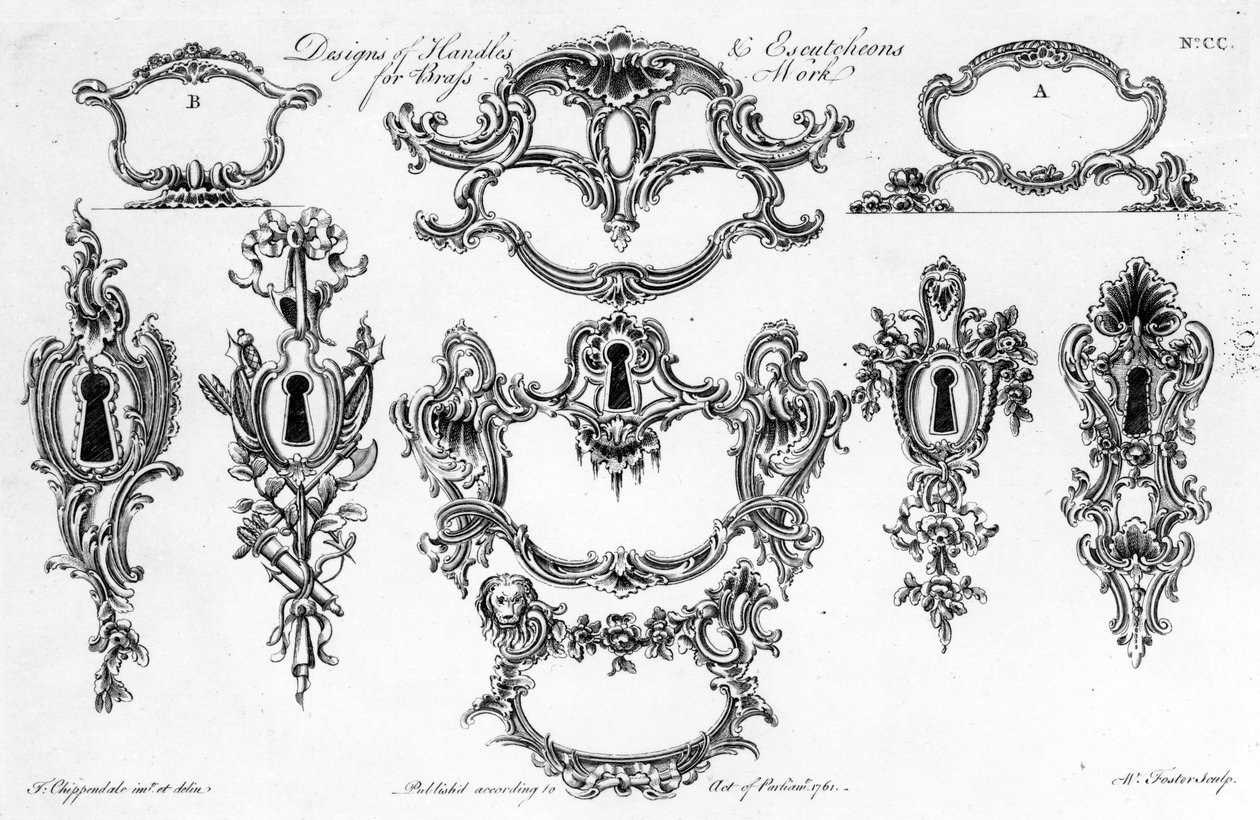 Designs of Handles and Escutcheons for Brass Work, print made by W. Foster by Thomas Chippendale