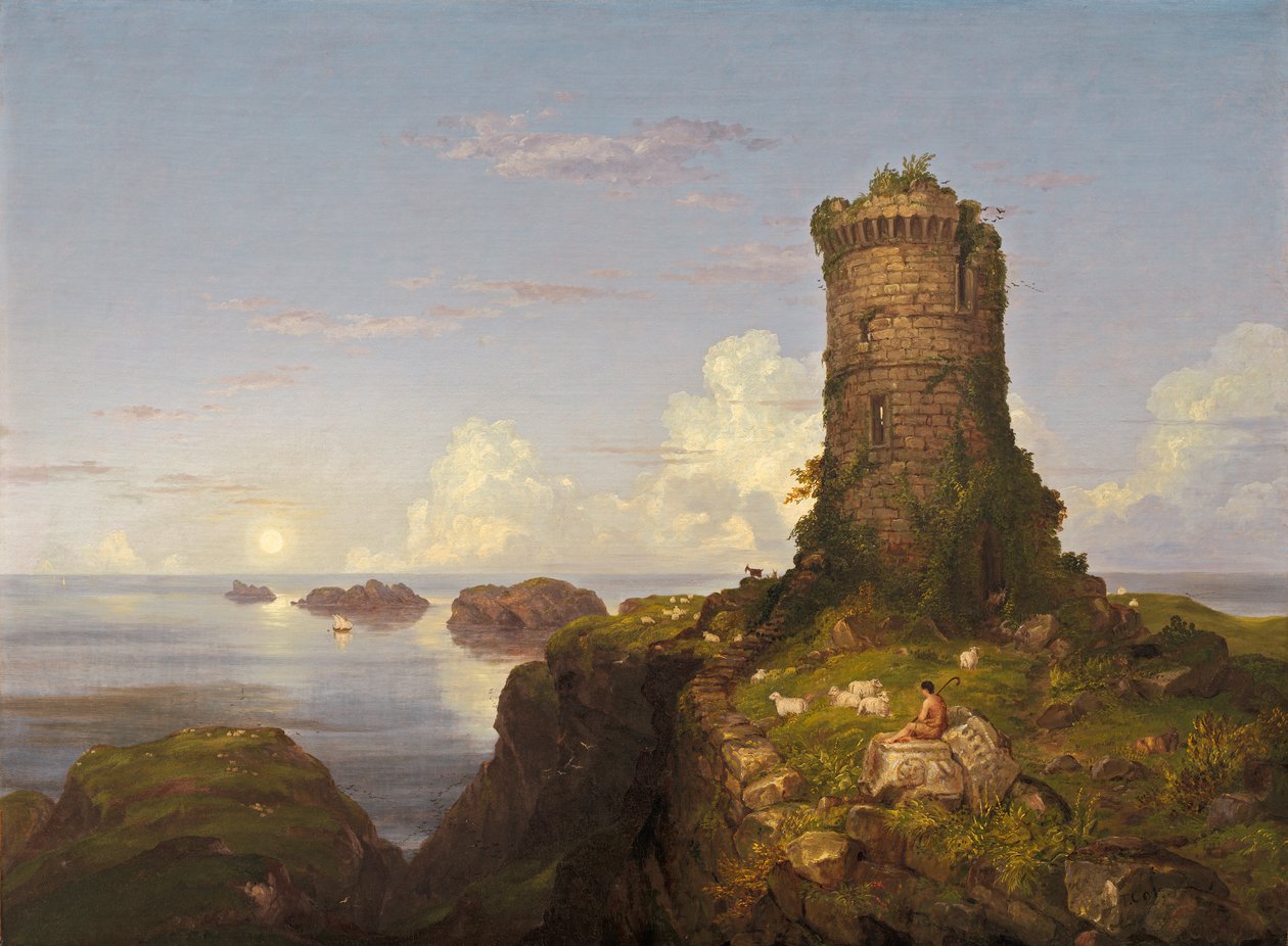 Italian Coast Scene with Ruined Tower by Thomas Cole