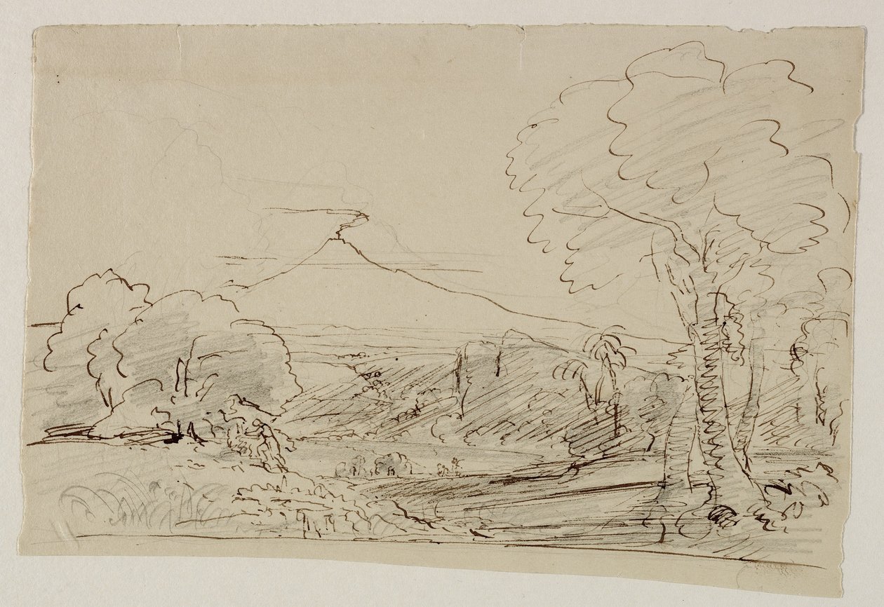 Volcano, Lake, Figure Hunting by Thomas Cole