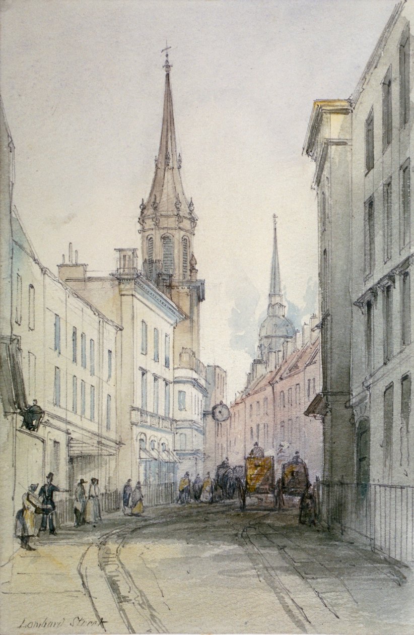 View along Lombard Street, looking east, with figures and carriages, City of London by Thomas Colman Dibdin
