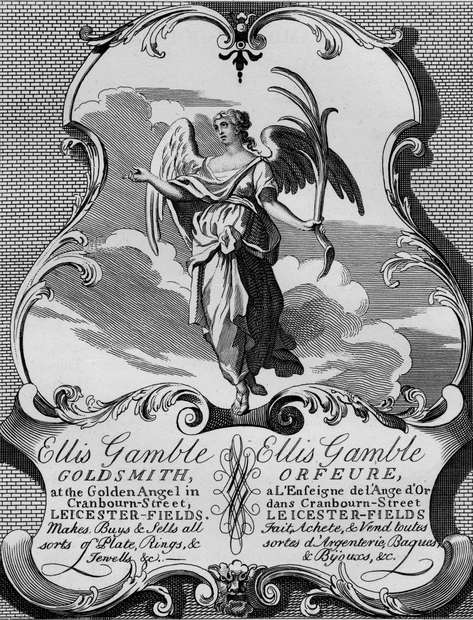 Trade card of goldsmith Ellis Gamble, 1720s by Thomas Cook